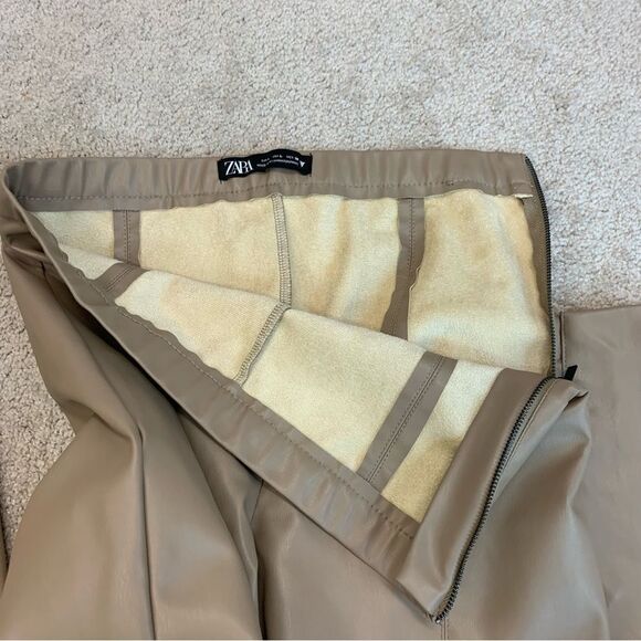 Zara Taupe brown vegan faux leather leggings zipper slit hem Sz L - Picture 8 of 15